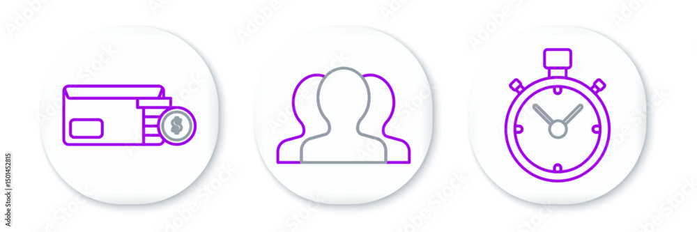 Poster set line stopwatch, envelope with coin dollar symbol and users group icon. vector