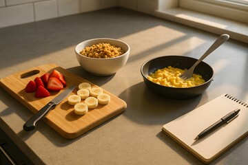 Artistic Breakfast Ingredients Flat Lay with Fresh Produce