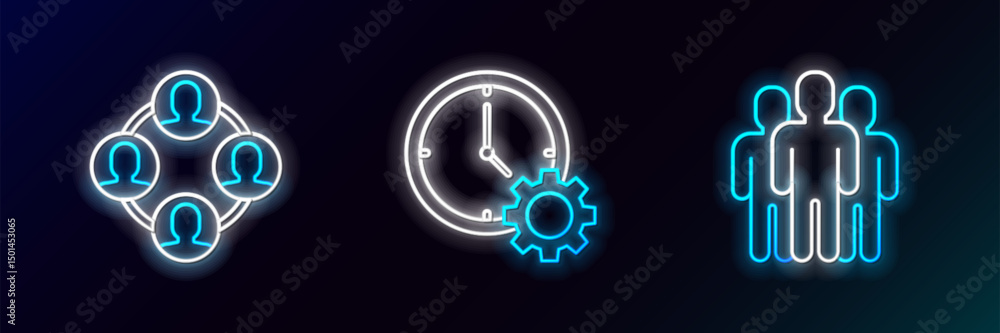 Poster set line users group, project team base and time management icon. glowing neon. vector