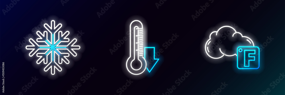 Poster set line fahrenheit and cloud, snowflake and thermometer icon. glowing neon. vector