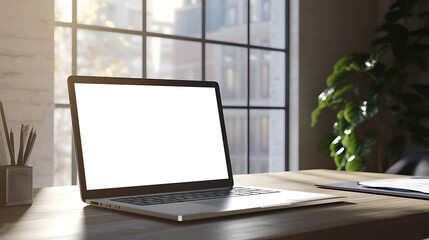 Fototapeta premium Contemporary Office Setting With Laptop with Transparent PNG Screen On Clean Desk and Ample Space Beside Wall for Marketing Or Personal Designs