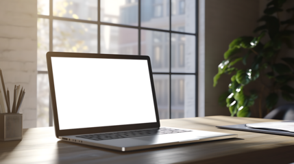 Contemporary Office Setting With Laptop with Transparent PNG Screen On Clean Desk and Ample Space Beside Wall for Marketing Or Personal Designs