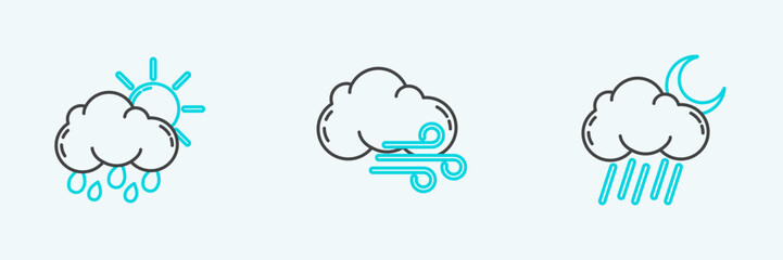 Set line Cloud with rain and moon, sun and Windy weather icon. Vector