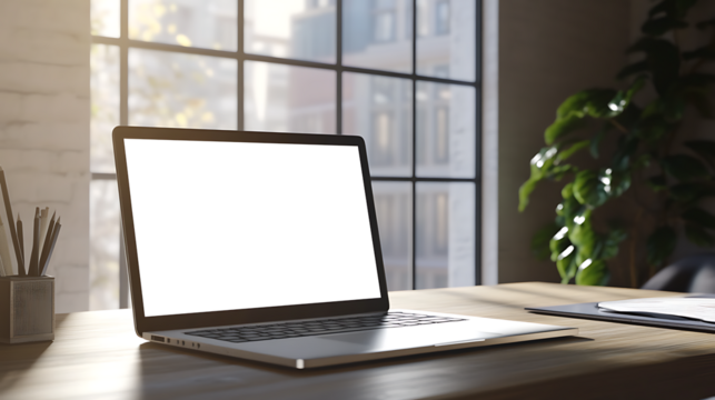 Contemporary Office Setting With Laptop with Transparent PNG Screen On Clean Desk and Ample Space Beside Wall for Marketing Or Personal Designs