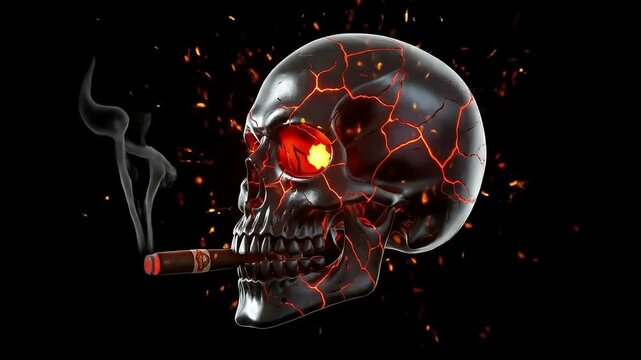 Stylized skull 3d smoking cigar with fire cracks and glowing eyes on dark background, Generative AI