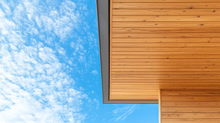 Wooden ceiling with clear blue sky and clouds creates serene atmosphere. minimalist design highlights natural materials and textures