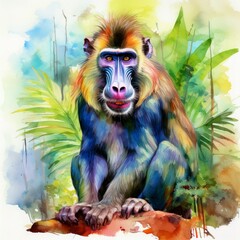 Fototapeta premium Mandrill mit farbigem Gesicht – Aquarell Primatenporträt