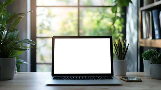Contemporary Office Setting With Laptop with Transparent PNG Screen On Clean Desk and Ample Space Beside Wall for Marketing Or Personal Designs