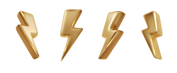 3D golden lightning bolt icon. Electric thunder symbol of energy, voltage, and danger. Glossy metallic gold thunderbolt isolated on white.