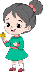 Cartoon Young Girl Holding Gold Coin Representing Investment Concept