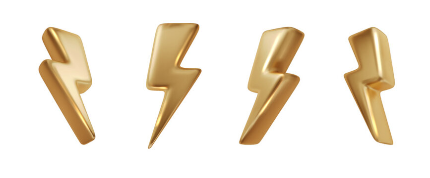 3D golden lightning bolt icon. Electric thunder symbol of energy, voltage, and danger. Glossy metallic gold thunderbolt isolated on white.