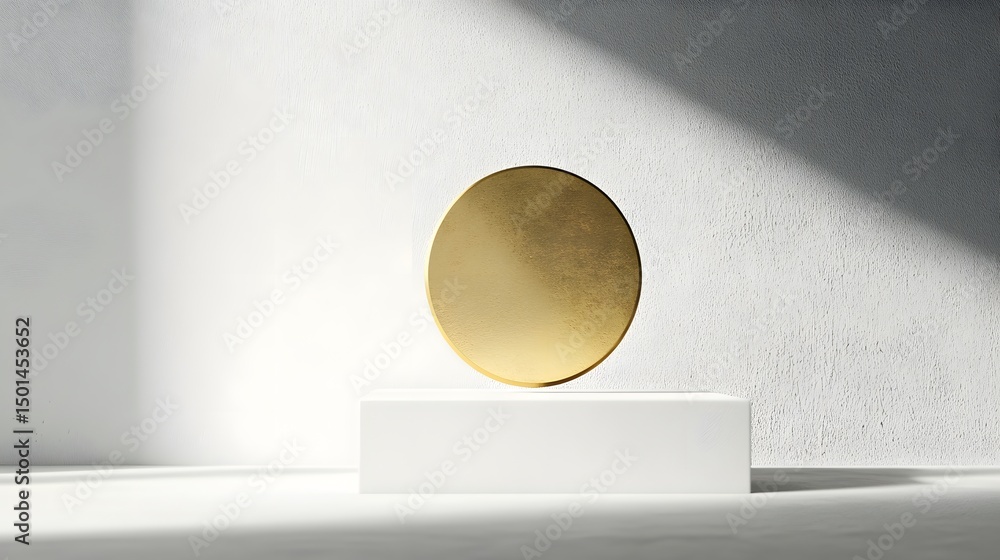 Poster golden circular object on pedestal with soft lighting in minimal space