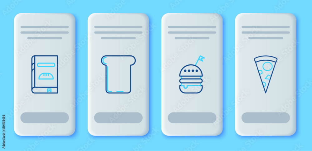 Poster set line bread toast, burger, cookbook and slice of pizza icon. vector