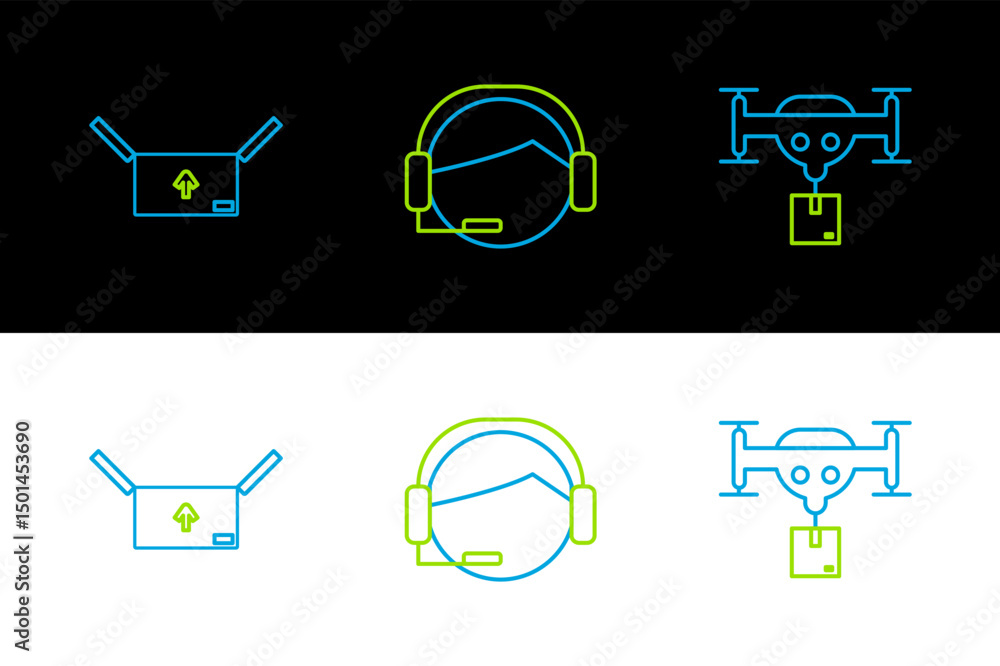 Poster set line delivery drone with the package, cardboard box traffic symbol and support operator in touch