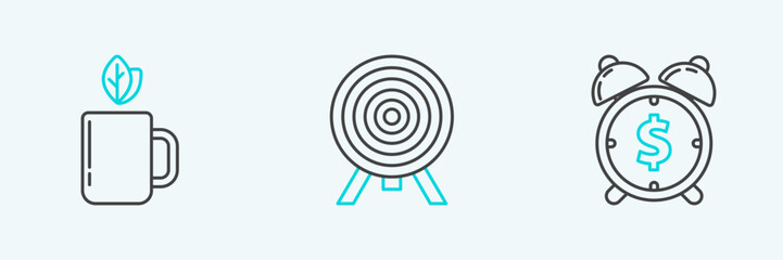 Set line Alarm clock with dollar symbol, Cup of tea and leaf and Target icon. Vector