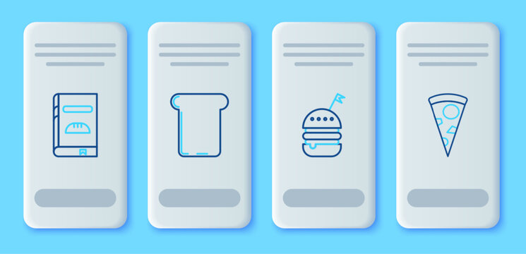Set line Bread toast, Burger, Cookbook and Slice of pizza icon. Vector
