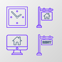 Set line Hanging sign with text Rent, Computer monitor smart home, Sale and Clock icon. Vector