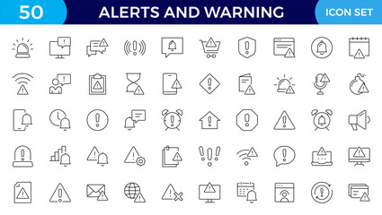 Warning and risk. Set of line icons in linear style. Warning exclamation mark, attention, danger, notice, stop. Alerts and Warning editable stroke outline icon.