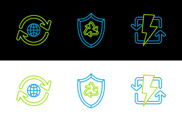 Set line Recharging, Planet earth and recycling and Recycle symbol inside shield icon. Vector