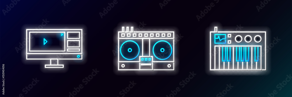 Poster set line music synthesizer, video recorder or editor software on monitor and dj remote for playing a