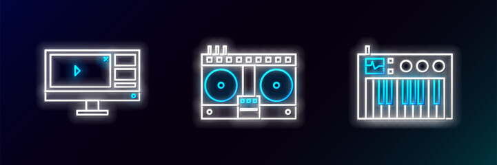 Fototapeta premium Set line Music synthesizer, Video recorder or editor software on monitor and DJ remote for playing and mixing music icon. Glowing neon. Vector