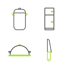 Set line Knife, Covered with a tray of food, Refrigerator and Cooking pot icon. Vector