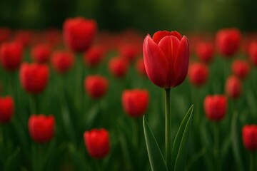 Fototapeta premium Vibrant red tulip field beauty.