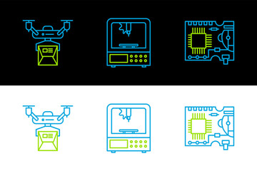 Set line Printed circuit board PCB, Drone delivery concept and 3D printer icon. Vector