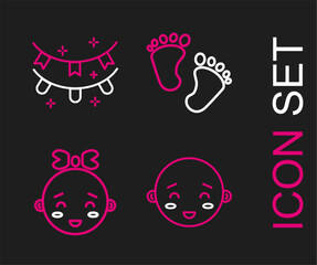 Set line Happy little boy head, girl, Baby footprints and Carnival garland with flags icon. Vector
