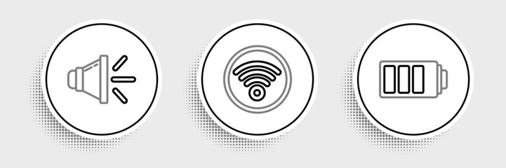 Set line Battery charge level indicator, Speaker volume and Wi-Fi wireless internet network icon. Vector