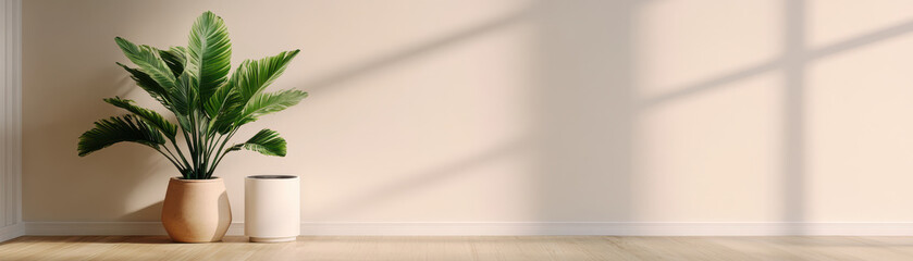 Sleek white air purifier next to green potted plant in bright, minimalistic room with natural light