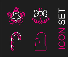 Set line Christmas mitten, candy cane with stripes, Merry ringing bell and Snowflake icon. Vector