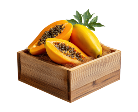 fresh papaya with real pieces on the side served on a wooden box perfect for advertising or promotion on transparent background