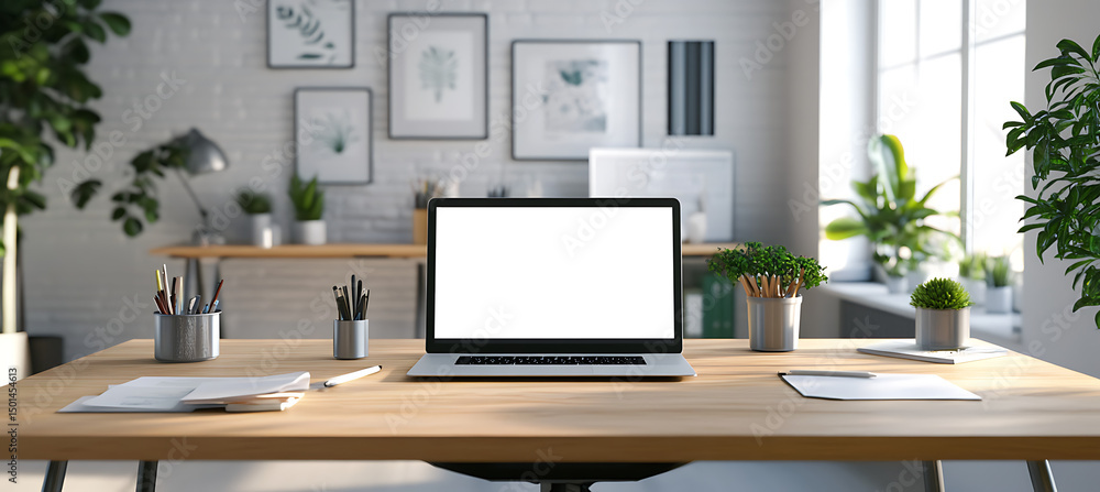 Poster bright modern home office transparent png scene featuring open laptop on clean desk with ample space