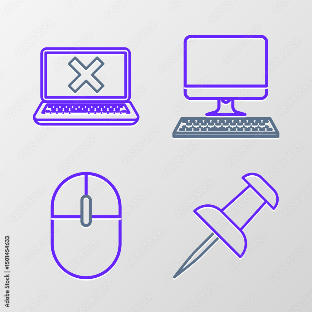 Poster set line push pin, computer mouse, monitor with keyboard and laptop and cross mark screen icon. vect