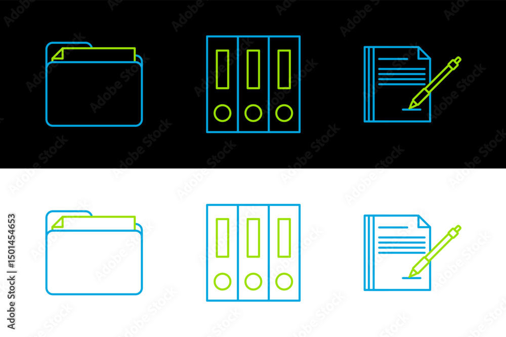 Poster set line blank notebook and pen, document folder and office folders with papers documents icon. vect