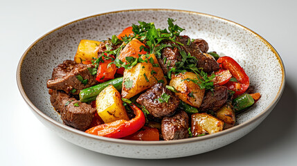 Delicious beef stir fry with colorful vegetables, including bell peppers, potatoes, and green beans, garnished with fresh herbs