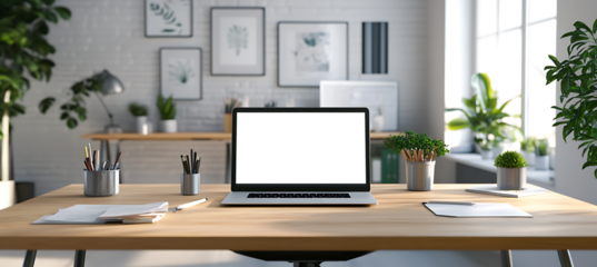 Bright Modern Home Office Transparent PNG Scene Featuring Open Laptop on Clean Desk with Ample Space for Custom Content Placement