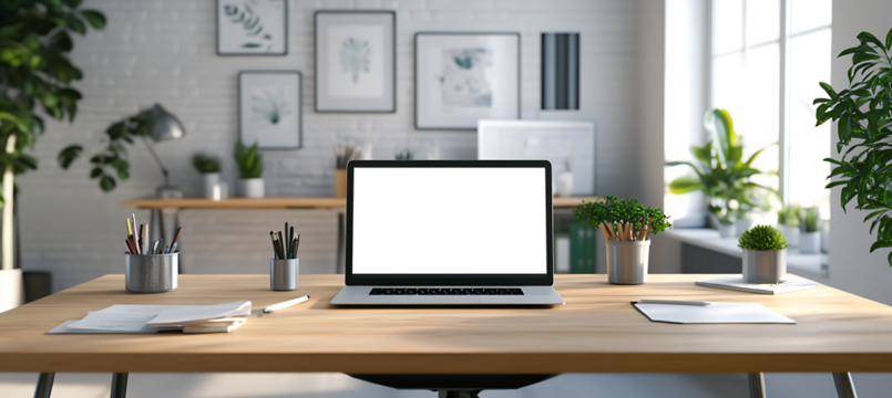 Bright Modern Home Office Transparent PNG Scene Featuring Open Laptop on Clean Desk with Ample Space for Custom Content Placement - Powered by Adobe