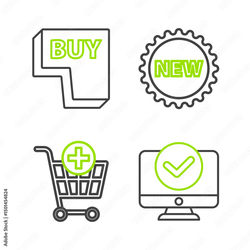 Aufkleber set line computer monitor, add shopping cart, price tag with new and buy button icon. vector