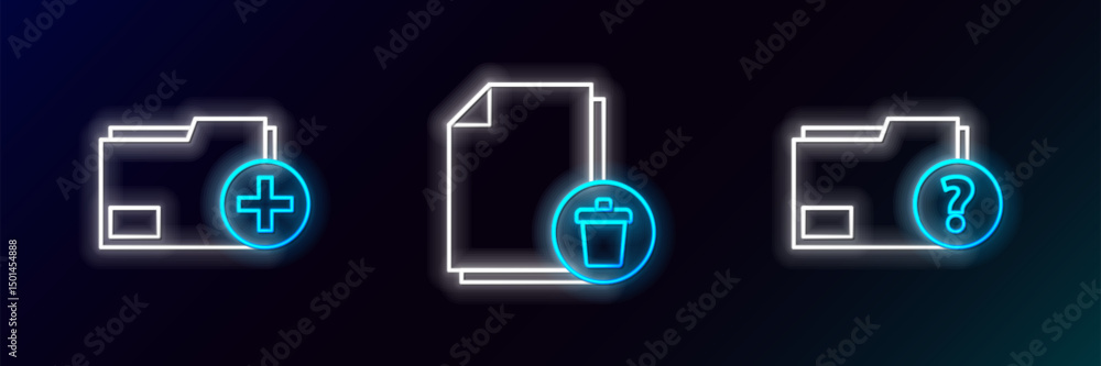 Poster set line unknown document folder, add new and delete file icon. glowing neon. vector
