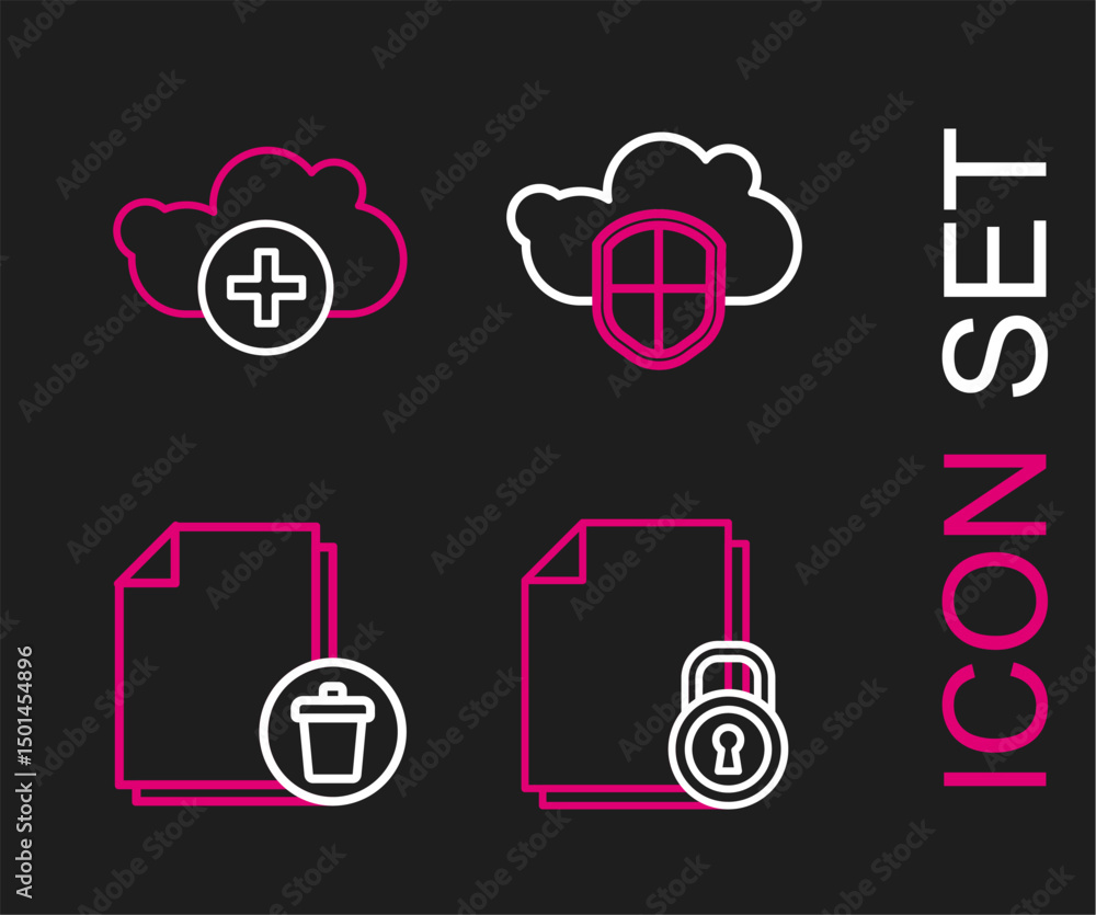 Poster set line document and lock, delete file document, cloud shield and add cloud icon. vector