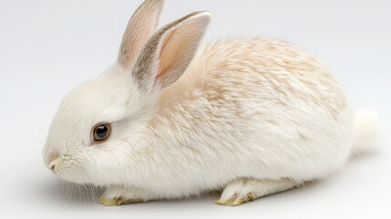 Obraz premium Cute white rabbit with soft fur sits calmly on light background, showcasing its adorable features and gentle expression