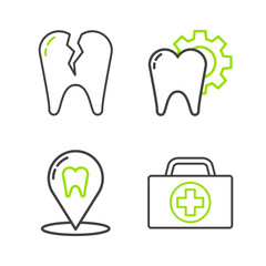 Set line First aid kit, Dental clinic location, Tooth treatment procedure and Broken tooth icon. Vector