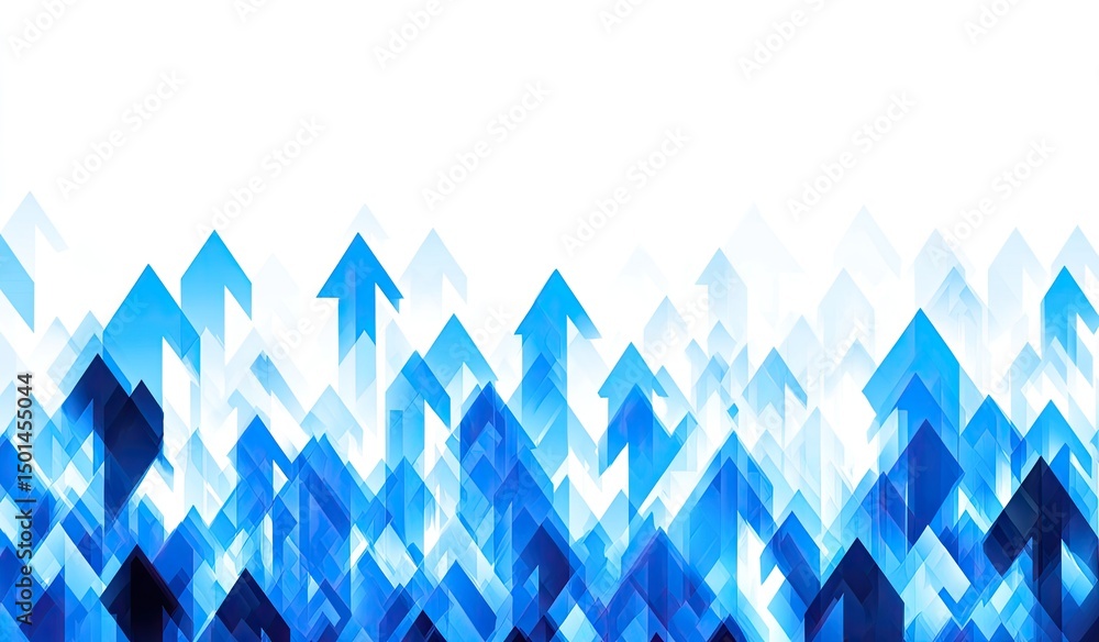 Poster abstract design with many upward-pointing blue arrows against a white background, creating a sense o