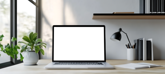 Bright Modern Home Office Transparent PNG Scene Featuring Open Laptop on Clean Desk with Ample Space for Custom Content Placement