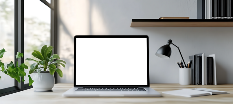 Bright Modern Home Office Transparent PNG Scene Featuring Open Laptop on Clean Desk with Ample Space for Custom Content Placement - Powered by Adobe