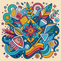 Fototapeta premium Vibrant Abstract Doodle Art. Geometric Shapes and Floral Patterns