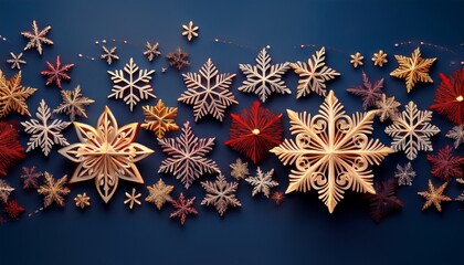 a row of snowflakes on a dark blue background the snowflakes are made of intricate patterns and have a red and gold color scheme