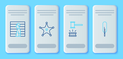 Set line Hexagram sheriff, Judge gavel, Suspect criminal and Feather pen icon. Vector